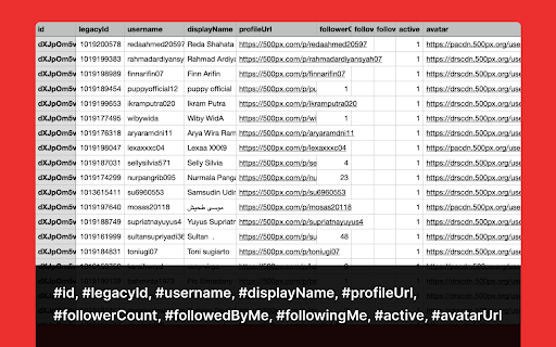500Fo Export followers for 500px from Chrome web store to be run with OffiDocs Chromium online 500Fo Export followers for 500px from Chrome web store to be run with OffiDocs Chromium online
