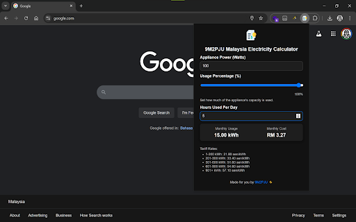 9M2PJU Malaysia Electricity Calculator from Chrome web store to be run with OffiDocs Chromium online 9M2PJU Malaysia Electricity Calculator from Chrome web store to be run with OffiDocs Chromium online