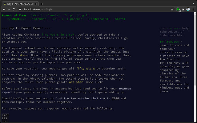 Advent of Code to Markdown from Chrome web store to be run with OffiDocs Chromium online Advent of Code to Markdown from Chrome web store to be run with OffiDocs Chromium online
