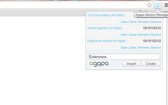 Agapa Session Manager from Chrome web store to be run with OffiDocs Chromium online Agapa Session Manager from Chrome web store to be run with OffiDocs Chromium online
