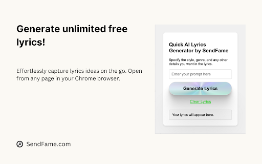 AI Lyrics Generator by SendFame from Chrome web store to be run with OffiDocs Chromium online AI Lyrics Generator by SendFame from Chrome web store to be run with OffiDocs Chromium online