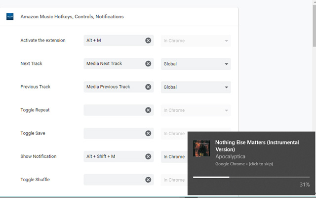 Amazon Music Hotkeys, Controls, Notifications from Chrome web store to be run with OffiDocs Chromium online Amazon Music Hotkeys, Controls, Notifications from Chrome web store to be run with OffiDocs Chromium online