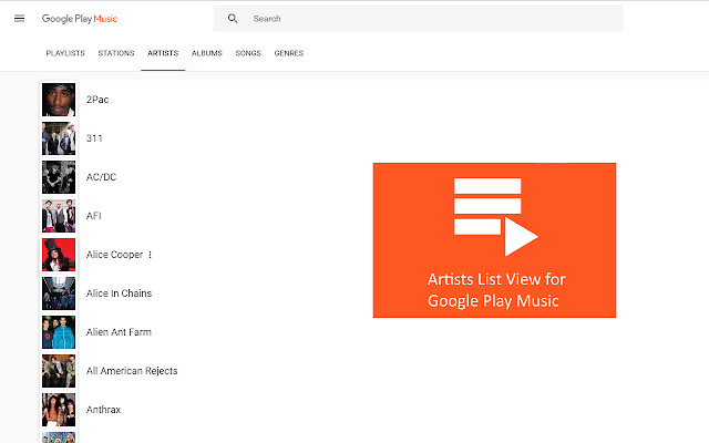 Artists List View for Google Play Music from Chrome web store to be run with OffiDocs Chromium online Artists List View for Google Play Music from Chrome web store to be run with OffiDocs Chromium online