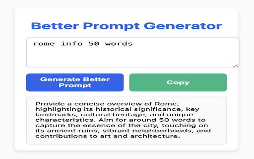 Better Prompt Generator from Chrome web store to be run with OffiDocs Chromium online Better Prompt Generator from Chrome web store to be run with OffiDocs Chromium online