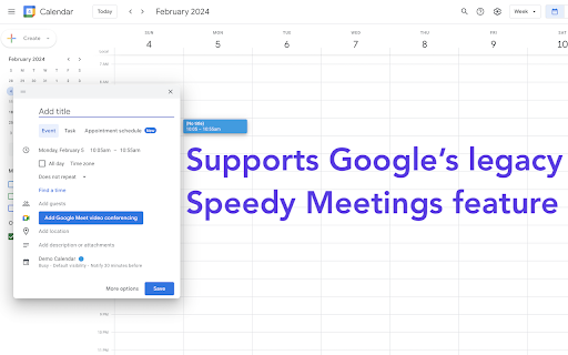 Better Speedy Meetings for Google Calendar from Chrome web store to be run with OffiDocs Chromium online Better Speedy Meetings for Google Calendar from Chrome web store to be run with OffiDocs Chromium online