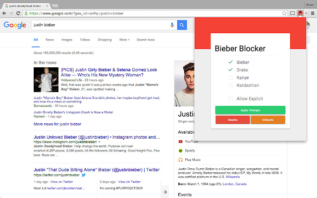 Bieber Blocker from Chrome web store to be run with OffiDocs Chromium online Bieber Blocker from Chrome web store to be run with OffiDocs Chromium online