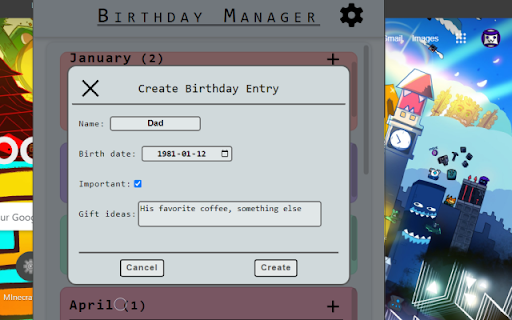 Birthday Manager from Chrome web store to be run with OffiDocs Chromium online Birthday Manager from Chrome web store to be run with OffiDocs Chromium online