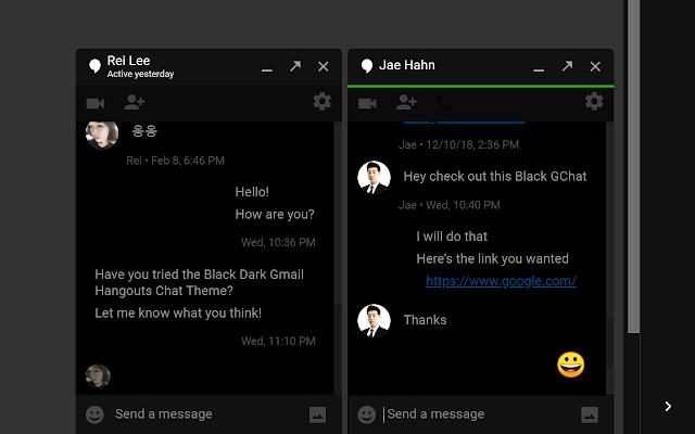 Black Dark Gmail Hangouts Chat Theme from Chrome web store to be run with OffiDocs Chromium online Black Dark Gmail Hangouts Chat Theme from Chrome web store to be run with OffiDocs Chromium online