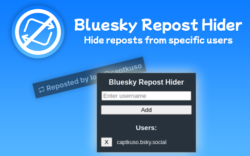 Bluesky Repost Hider from Chrome web store to be run with OffiDocs Chromium online Bluesky Repost Hider from Chrome web store to be run with OffiDocs Chromium online