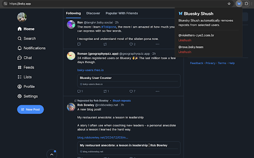 BlueSky Shush from Chrome web store to be run with OffiDocs Chromium online BlueSky Shush from Chrome web store to be run with OffiDocs Chromium online