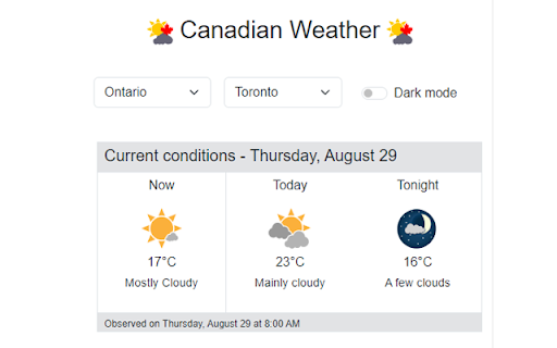 Canadian Weather from Chrome web store to be run with OffiDocs Chromium online Canadian Weather from Chrome web store to be run with OffiDocs Chromium online