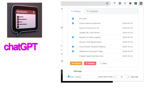 ChatGPT History utility from Chrome web store to be run with OffiDocs Chromium online ChatGPT History utility from Chrome web store to be run with OffiDocs Chromium online