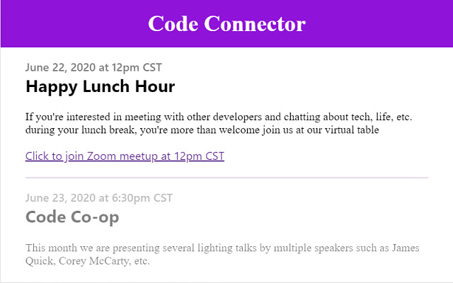 Code Connector Meetups Calendar from Chrome web store to be run with OffiDocs Chromium online Code Connector Meetups Calendar from Chrome web store to be run with OffiDocs Chromium online