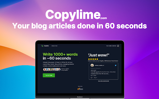 Copylime.com Smart AI Writing Assistant from Chrome web store to be run with OffiDocs Chromium online Copylime.com Smart AI Writing Assistant from Chrome web store to be run with OffiDocs Chromium online