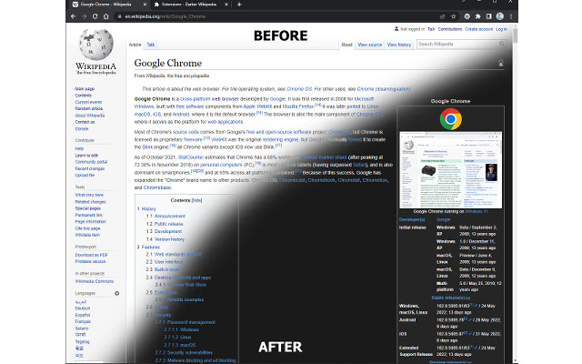 Dark/Night Mode For Wikipedia from Chrome web store to be run with OffiDocs Chromium online Dark/Night Mode For Wikipedia from Chrome web store to be run with OffiDocs Chromium online