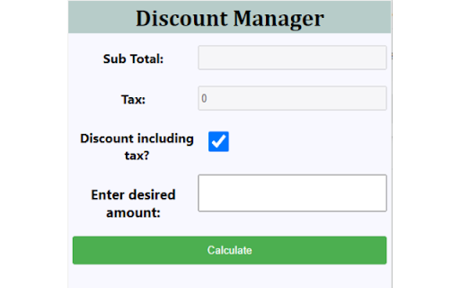 Discount Manager App from Chrome web store to be run with OffiDocs Chromium online Discount Manager App from Chrome web store to be run with OffiDocs Chromium online