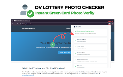 DV Lottery Photo Checker Instant Green Card Photo Verify from Chrome web store to be run with OffiDocs Chromium online DV Lottery Photo Checker Instant Green Card Photo Verify from Chrome web store to be run with OffiDocs Chromium online