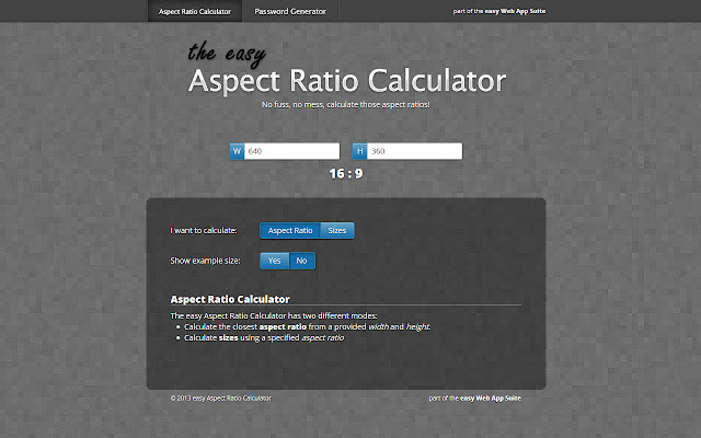 easy Aspect Ratio Calculator from Chrome web store to be run with OffiDocs Chromium online easy Aspect Ratio Calculator from Chrome web store to be run with OffiDocs Chromium online