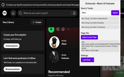 Enhanced Music Podcasts (Pandora, Spotify, Apple and more) from Chrome web store to be run with OffiDocs Chromium online Enhanced Music Podcasts (Pandora, Spotify, Apple and more) from Chrome web store to be run with OffiDocs Chromium online