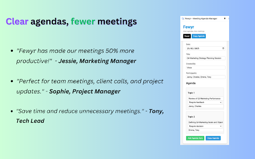 Fewyr clear agendas, fewer meetings from Chrome web store to be run with OffiDocs Chromium online Fewyr clear agendas, fewer meetings from Chrome web store to be run with OffiDocs Chromium online
