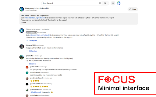 Focus: YouTube Simplified from Chrome web store to be run with OffiDocs Chromium online Focus: YouTube Simplified from Chrome web store to be run with OffiDocs Chromium online