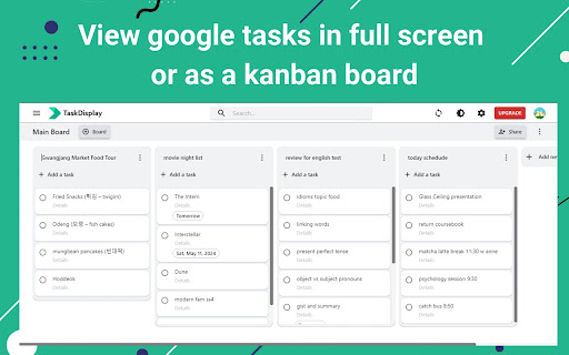 Full Screen for Google Tasks Desktop App for Google Tasks | TaskDisplay from Chrome web store to be run with OffiDocs Chromium online Full Screen for Google Tasks Desktop App for Google Tasks | TaskDisplay from Chrome web store to be run with OffiDocs Chromium online