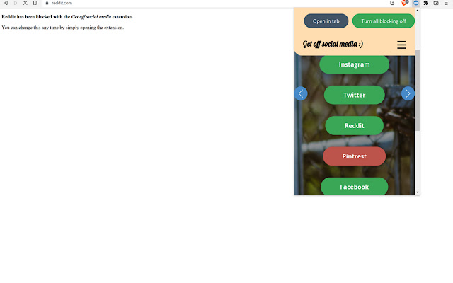Get off social media: simple blocking from Chrome web store to be run with OffiDocs Chromium online Get off social media: simple blocking from Chrome web store to be run with OffiDocs Chromium online