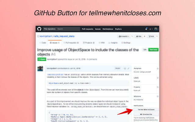 GitHub: Tell Me When It Closes from Chrome web store to be run with OffiDocs Chromium online GitHub: Tell Me When It Closes from Chrome web store to be run with OffiDocs Chromium online