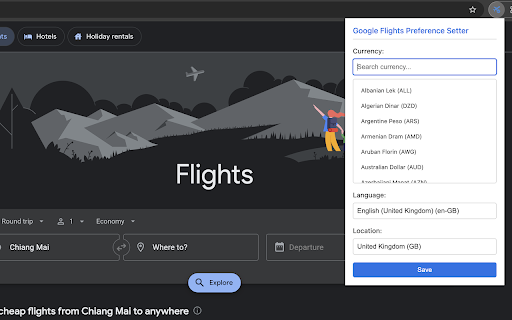 Google Flights Preference Setter from Chrome web store to be run with OffiDocs Chromium online Google Flights Preference Setter from Chrome web store to be run with OffiDocs Chromium online