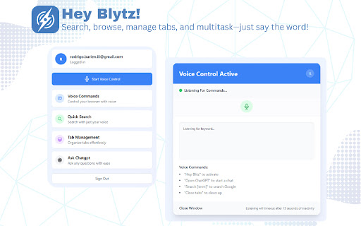 Hey Blytz! Voice Activated AI Assistant for Chrome from Chrome web store to be run with OffiDocs Chromium online Hey Blytz! Voice Activated AI Assistant for Chrome from Chrome web store to be run with OffiDocs Chromium online