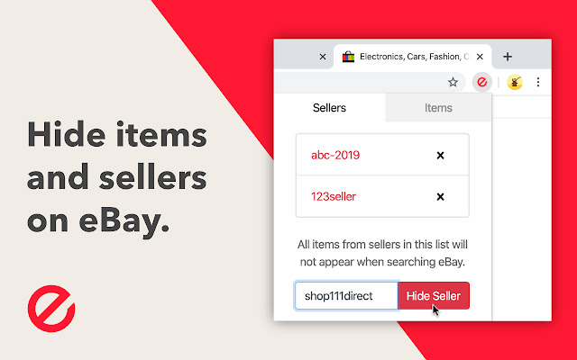 Hide eBay Items and Sellers from Chrome web store to be run with OffiDocs Chromium online Hide eBay Items and Sellers from Chrome web store to be run with OffiDocs Chromium online