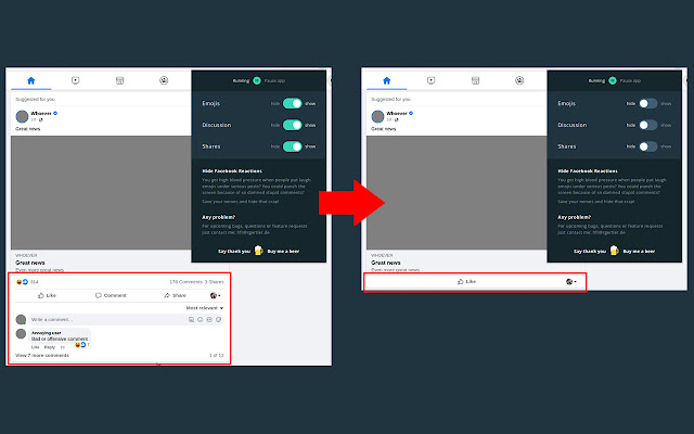 Hide Facebook Reactions from Chrome web store to be run with OffiDocs Chromium online Hide Facebook Reactions from Chrome web store to be run with OffiDocs Chromium online