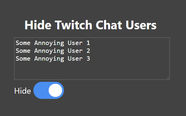 Hide Twitch Chat Users from Chrome web store to be run with OffiDocs Chromium online Hide Twitch Chat Users from Chrome web store to be run with OffiDocs Chromium online