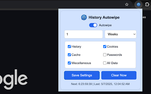 History Autowipe from Chrome web store to be run with OffiDocs Chromium online History Autowipe from Chrome web store to be run with OffiDocs Chromium online