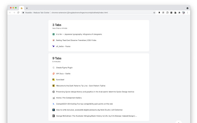 Hoardie Reduce Tab Clutter from Chrome web store to be run with OffiDocs Chromium online Hoardie Reduce Tab Clutter from Chrome web store to be run with OffiDocs Chromium online