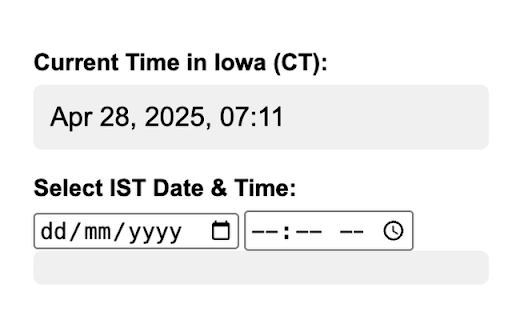 IST to Iowa Time Converter from Chrome web store to be run with OffiDocs Chromium online IST to Iowa Time Converter from Chrome web store to be run with OffiDocs Chromium online
