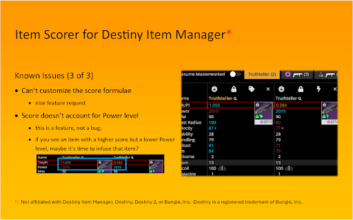 Item Scoring Extension for Destiny Item Manager from Chrome web store to be run with OffiDocs Chromium online Item Scoring Extension for Destiny Item Manager from Chrome web store to be run with OffiDocs Chromium online