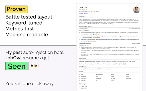 JobOwl – AI Resume ATS Cheat Code from Chrome web store to be run with OffiDocs Chromium online JobOwl – AI Resume ATS Cheat Code from Chrome web store to be run with OffiDocs Chromium online