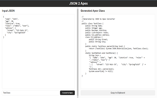 JSON to Apex Converter from Chrome web store to be run with OffiDocs Chromium online JSON to Apex Converter from Chrome web store to be run with OffiDocs Chromium online