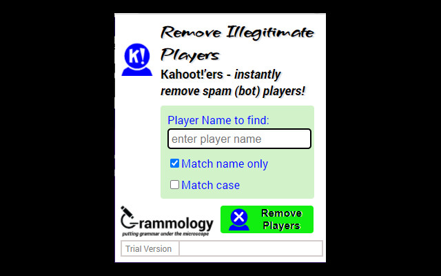 Kahoot!’er Remove Illegitimate Players from Chrome web store to be run with OffiDocs Chromium online Kahoot!’er Remove Illegitimate Players from Chrome web store to be run with OffiDocs Chromium online
