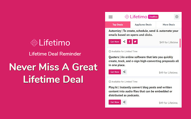 Lifetime Deal Reminder by Lifetimo from Chrome web store to be run with OffiDocs Chromium online Lifetime Deal Reminder by Lifetimo from Chrome web store to be run with OffiDocs Chromium online