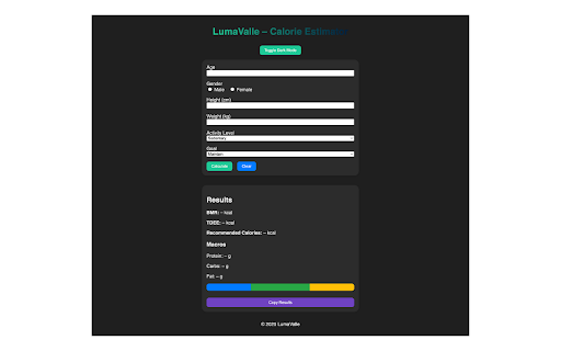 Lumavalle Calorie Estimator from Chrome web store to be run with OffiDocs Chromium online Lumavalle Calorie Estimator from Chrome web store to be run with OffiDocs Chromium online
