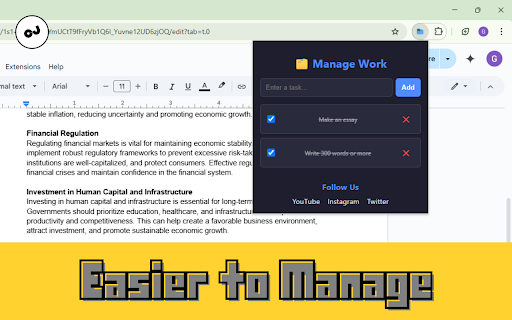 Manage Work from Chrome web store to be run with OffiDocs Chromium online Manage Work from Chrome web store to be run with OffiDocs Chromium online