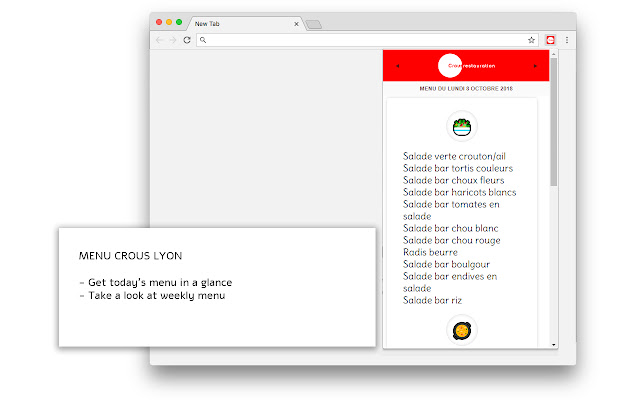 Menu Crous Lyon from Chrome web store to be run with OffiDocs Chromium online Menu Crous Lyon from Chrome web store to be run with OffiDocs Chromium online