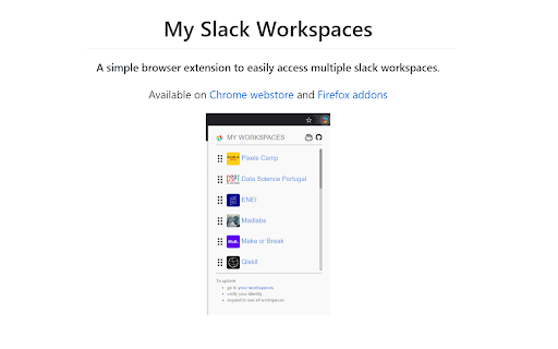 My Slack Workspaces from Chrome web store to be run with OffiDocs Chromium online My Slack Workspaces from Chrome web store to be run with OffiDocs Chromium online