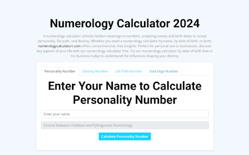 Numerology Calculator 2024 from Chrome web store to be run with OffiDocs Chromium online Numerology Calculator 2024 from Chrome web store to be run with OffiDocs Chromium online