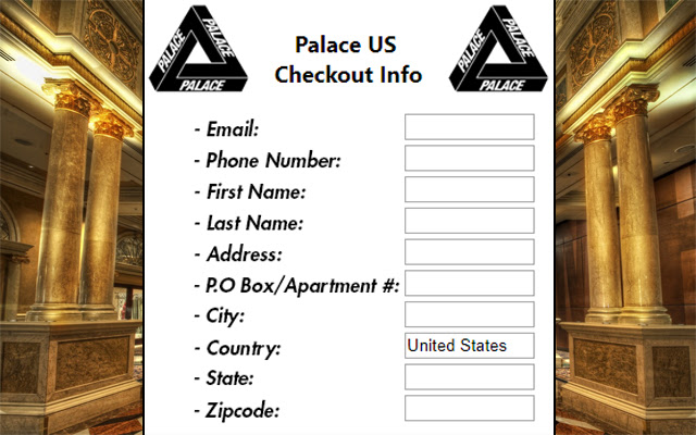Palace US Checkout Autofiller from Chrome web store to be run with OffiDocs Chromium online Palace US Checkout Autofiller from Chrome web store to be run with OffiDocs Chromium online