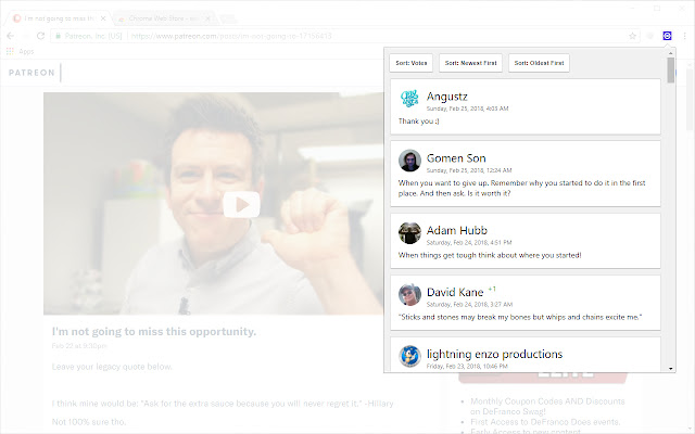 Patreon Comments from Chrome web store to be run with OffiDocs Chromium online Patreon Comments from Chrome web store to be run with OffiDocs Chromium online