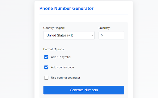 Phone Number Generator from Chrome web store to be run with OffiDocs Chromium online Phone Number Generator from Chrome web store to be run with OffiDocs Chromium online