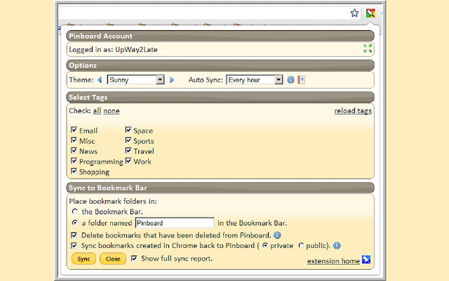 Pinboard Bookmark Bar Sync 1.1 from Chrome web store to be run with OffiDocs Chromium online Pinboard Bookmark Bar Sync 1.1 from Chrome web store to be run with OffiDocs Chromium online